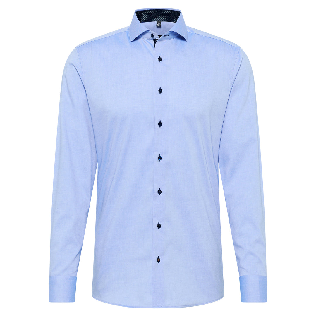 Light blue dress shirt with black buttons on a white background