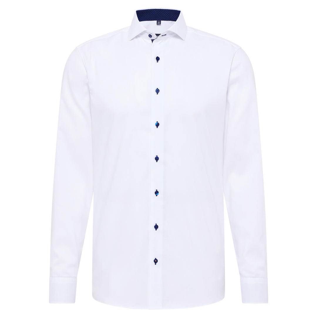 White dress shirt with blue buttons on a white background