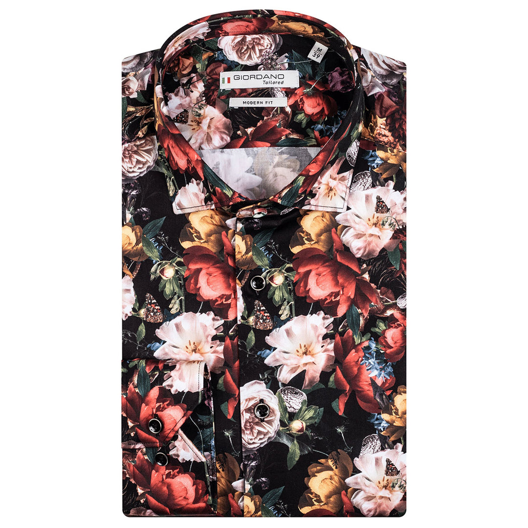 Giordano 227853-90 Black Cream Red Flower Print Long Sleeved Shirt - Baks Menswear Bournemouth