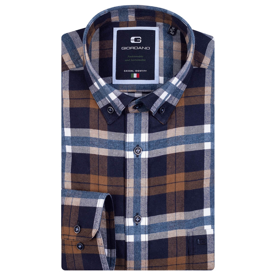 Giordano 327305 60 Navy Brown Twill Check Button Down Shirt - Baks Menswear