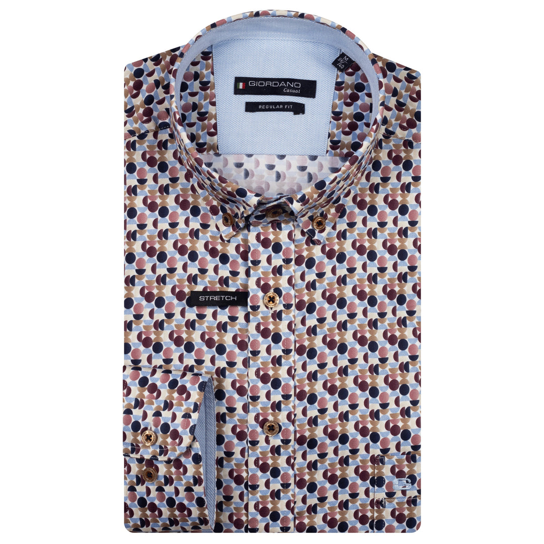 Patterned shirt with brand labels on a white background