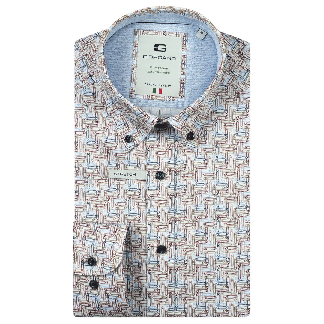 Patterned shirt with brand label on a white background