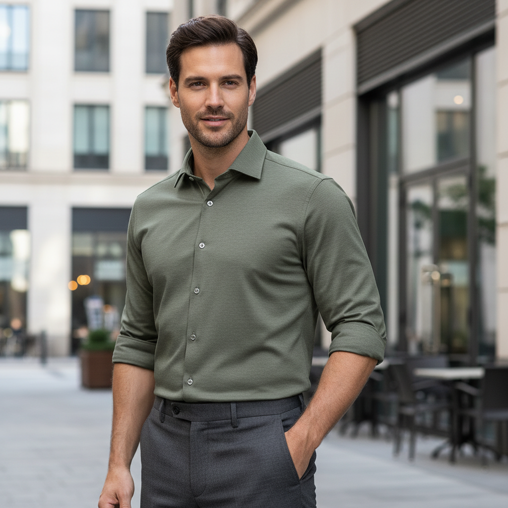 Giordano Bormio Long Sleeve Semi Cutaway Green Melange Shirt 627810 73, lifestyle shot, worn on model