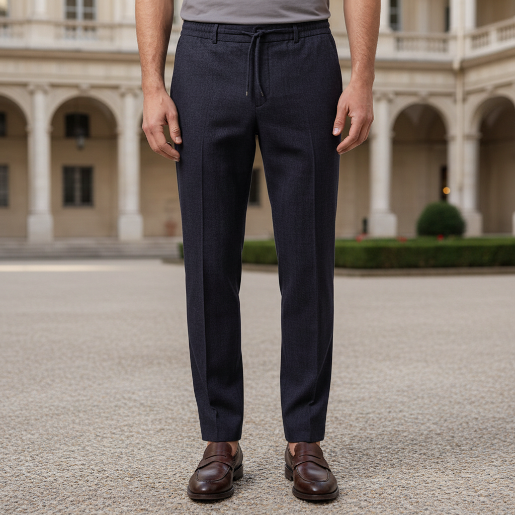 Giordano Certosa Navy Trousers 621062 60, lifestyle shot, worn on model