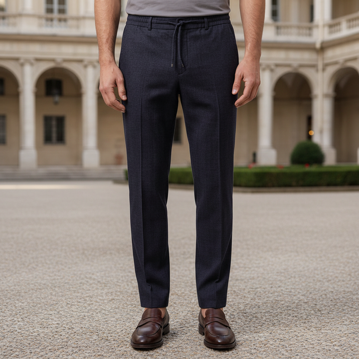 Giordano Certosa Navy Trousers 621062 60, lifestyle shot, worn on model