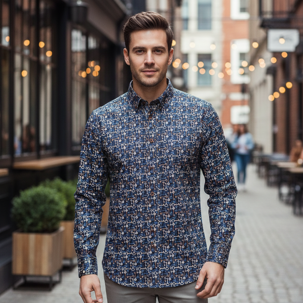 Giordano Dino Long Sleeve Button Down Navy Shirt 627012 60, lifestyle shot, worn on model