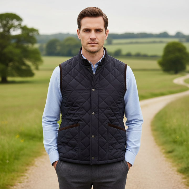 Giordano Gabriel Navy Bodywarmer 622550 60, lifestyle shot, worn on model