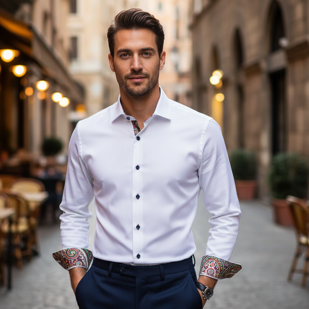 Giordano Maggiore Long Sleeve Semi Cutaway Optical White Shirt 627812 10, lifestyle shot, worn on model