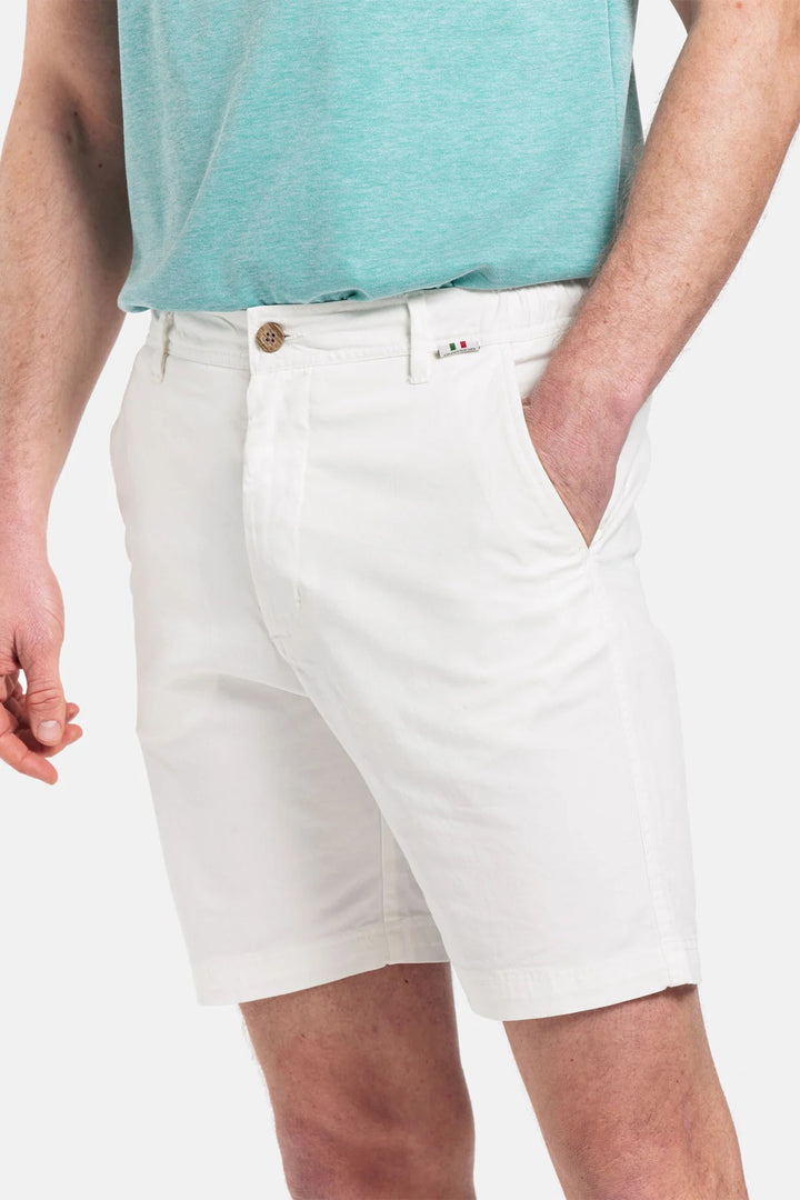 Person wearing white shorts and a turquoise shirt on a white background
