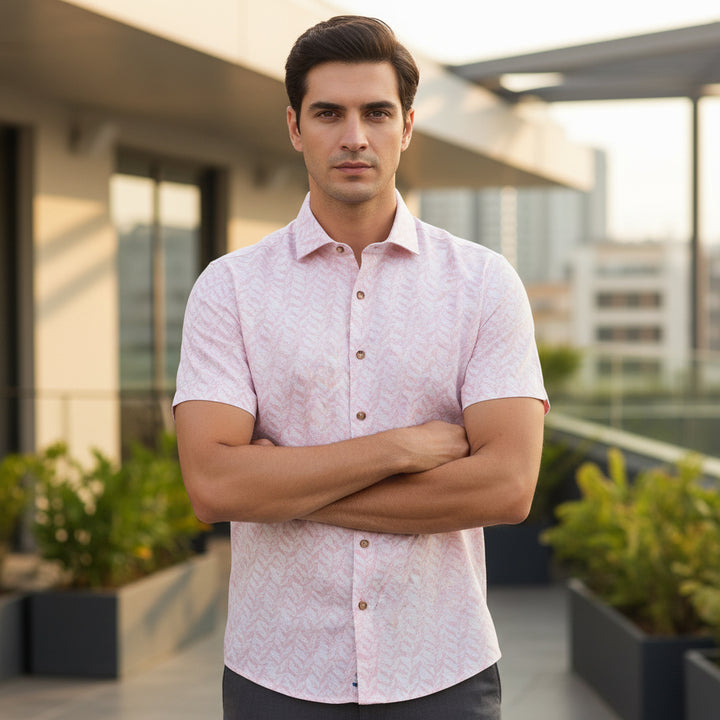 Giordano Short Sleeve Shirt 616889 Front Jacquard Print - Pink 51