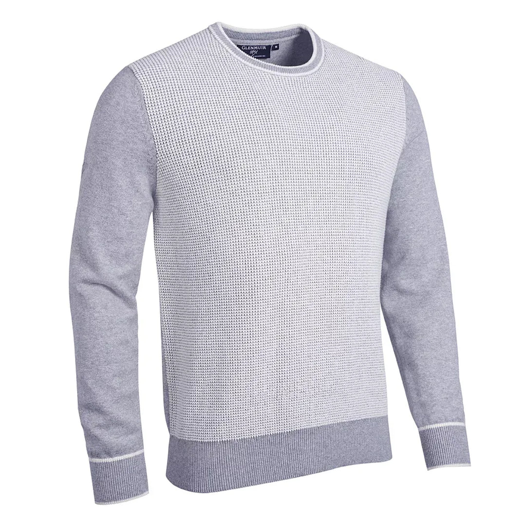 Glenmuir g.Hammond light grey marl and white mens merino blend crew neck jumper, front packshot