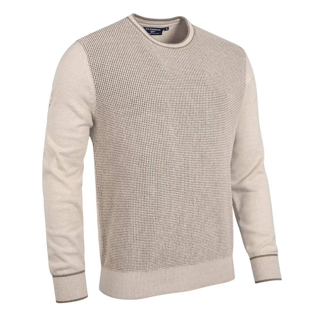 Glenmuir g.Hammond linen and dark linen beige mens merino blend crew neck jumper, front packshot
