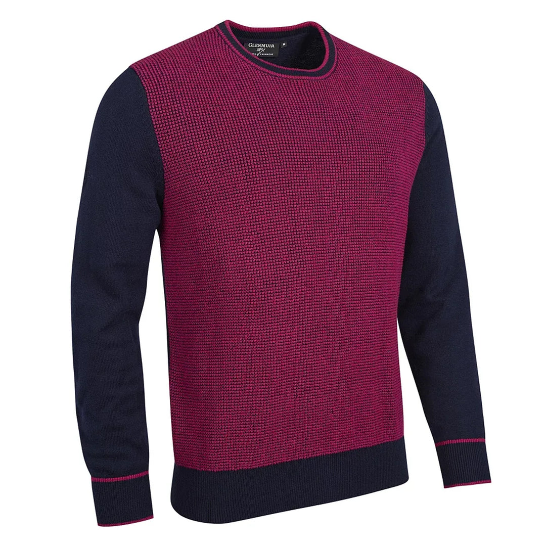 Glenmuir g.Hammond navy and raspberry pink mens merino blend crew neck jumper, front packshot