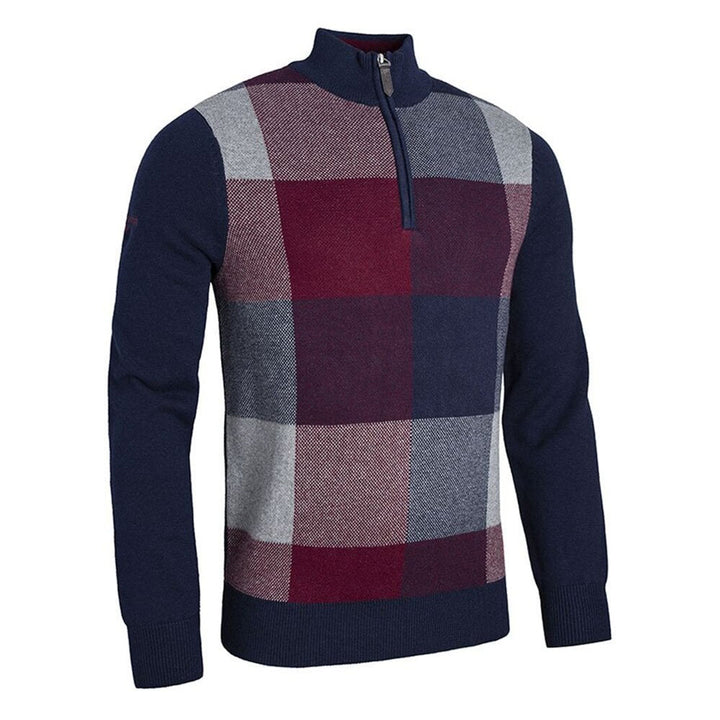 Glenmuir g.Inverness Navy Bordeaux Tartan Front Zip Neck Jumper - Baks Menswear Bournemouth