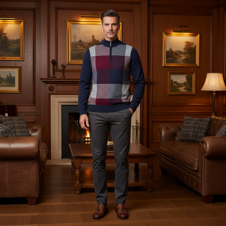 Glenmuir g.Inverness Navy Bordeaux Tartan Front Zip Neck Jumper (4)