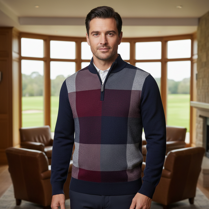 Glenmuir g.Inverness Navy Bordeaux Tartan Front Zip Neck Jumper (4)