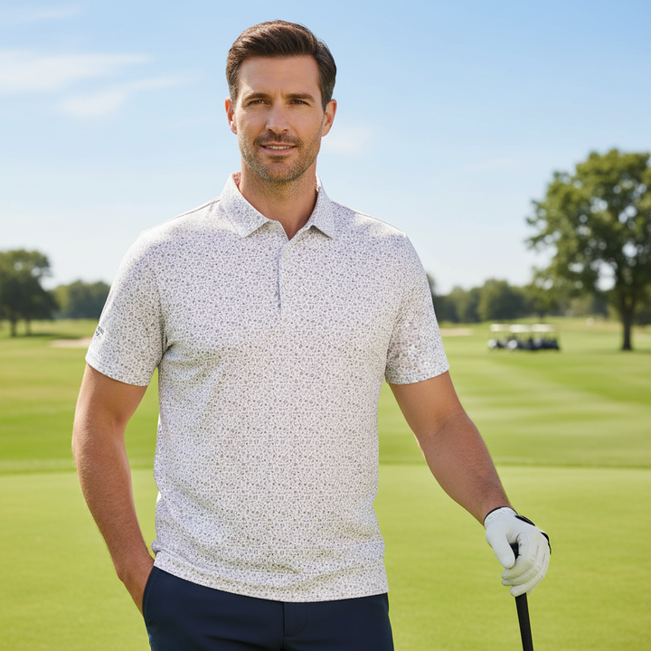Glenmuir Overton Linen Beige Micro Scottish Print Polo Shirt MSP7715 137