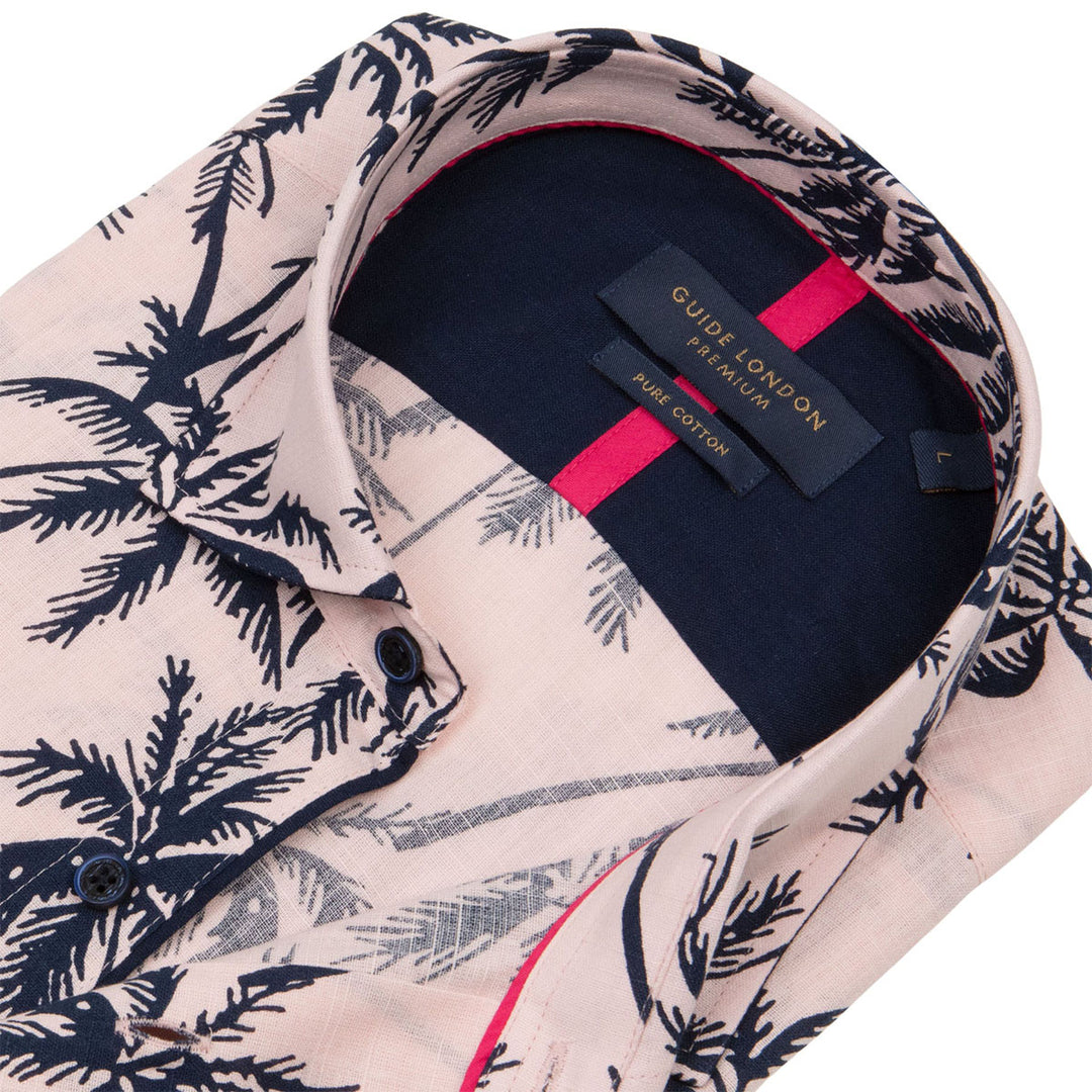 Guide London HS2761 Pink Tropical Palms Print Short Sleeve Cotton Shirt - Baks Menswear Bournemouth