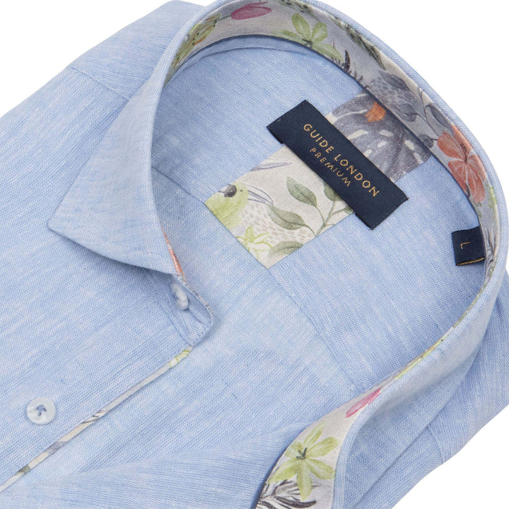 Guide London HS2768 Sky Blue Linen Cotton Mix Short Sleeve Shirt - Baks Menswear Bournemouth