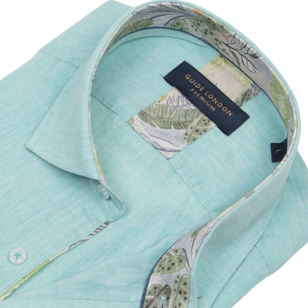 Guide London HS2768 Turquoise Blue Linen Cotton Mix Short Sleeve Shirt - Baks Menswear Bournemouth