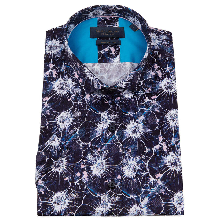 Guide London HS2770 Navy Print Short Sleeve Cotton Shirt - Baks Menswear Bournemouth