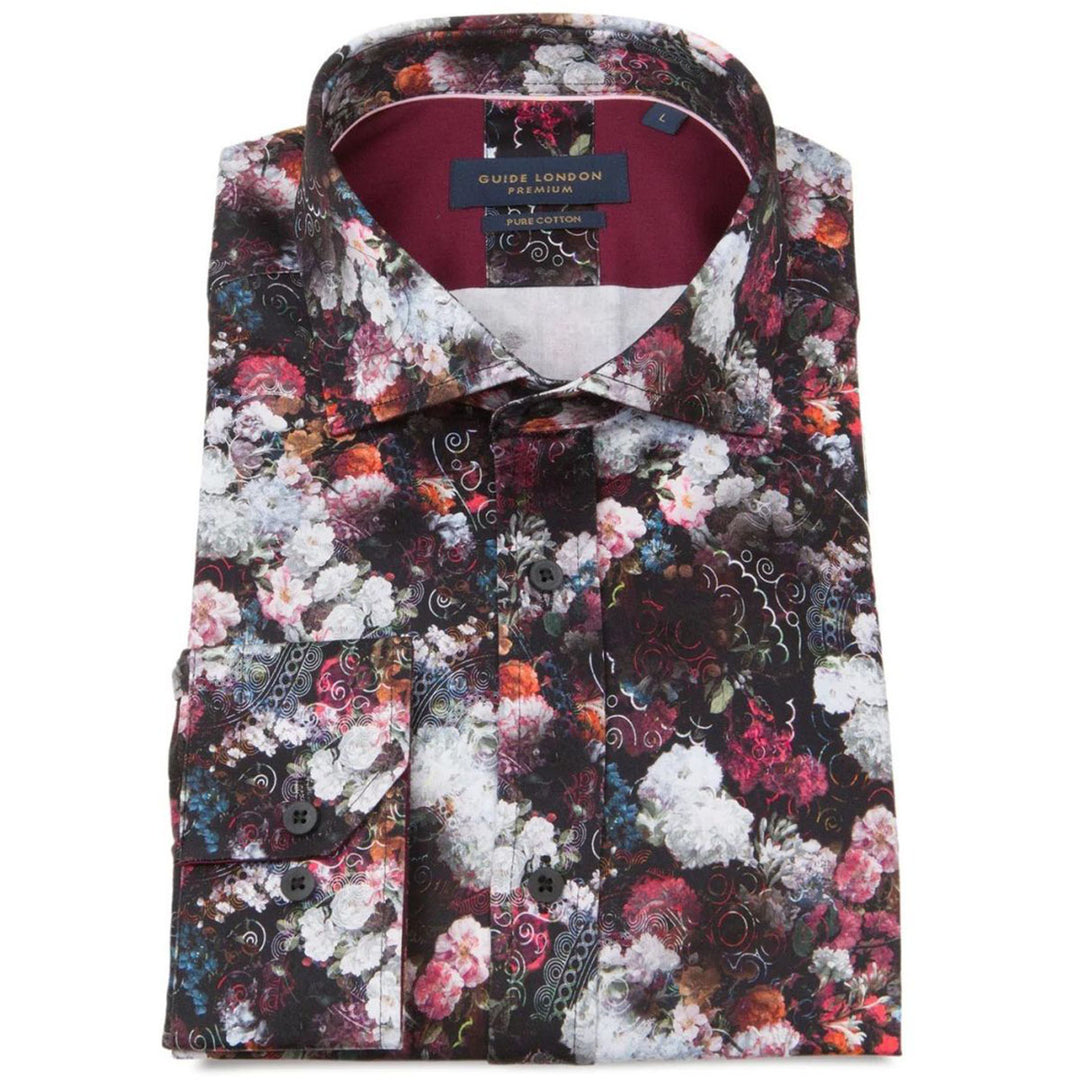 Guide London LS76290 Black Burgundy Multi Flower Long Sleeved Shirt - Baks Menswear Bournemouth