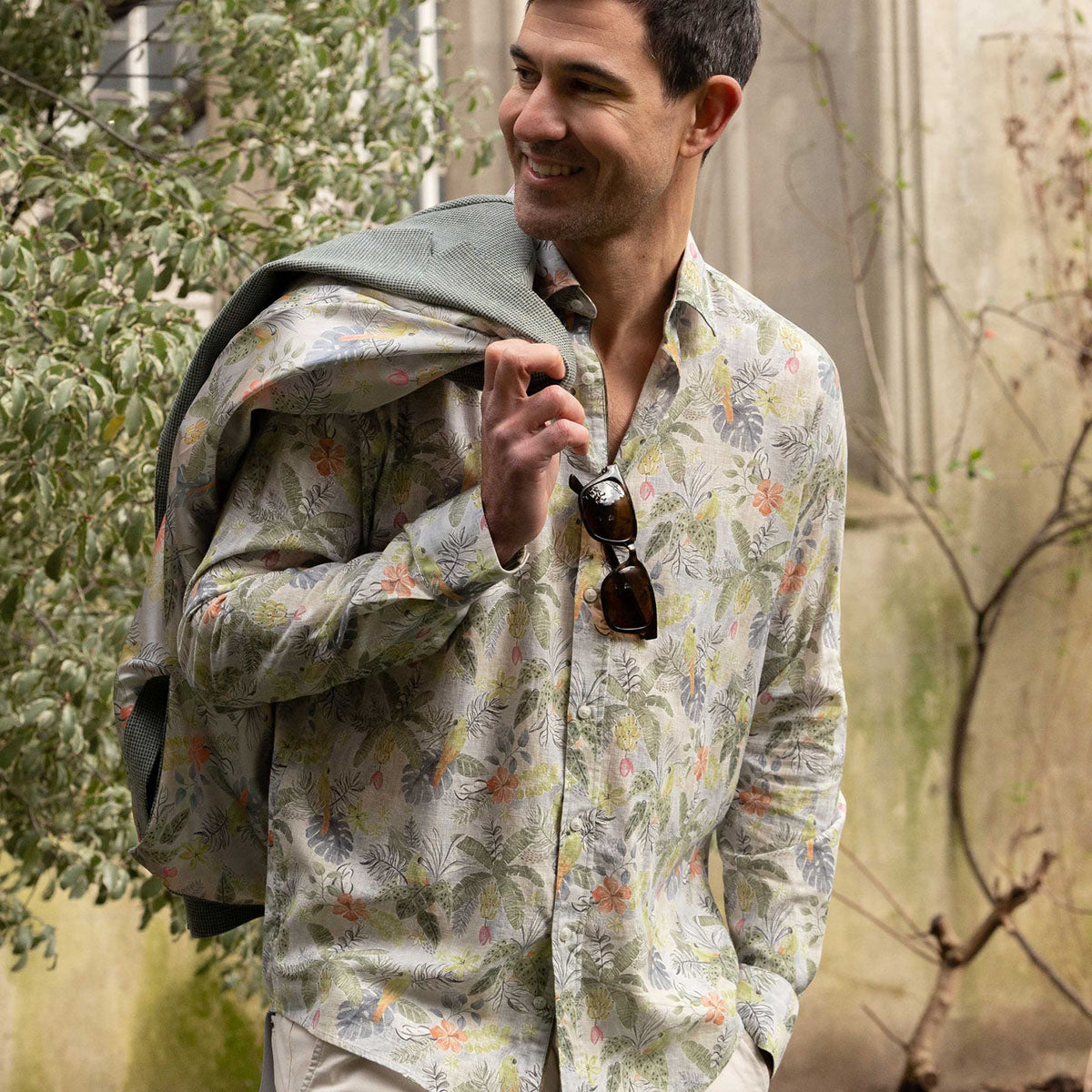Guide London LS76791 Green Exotic Floral Cotton Linen Mix Shirt