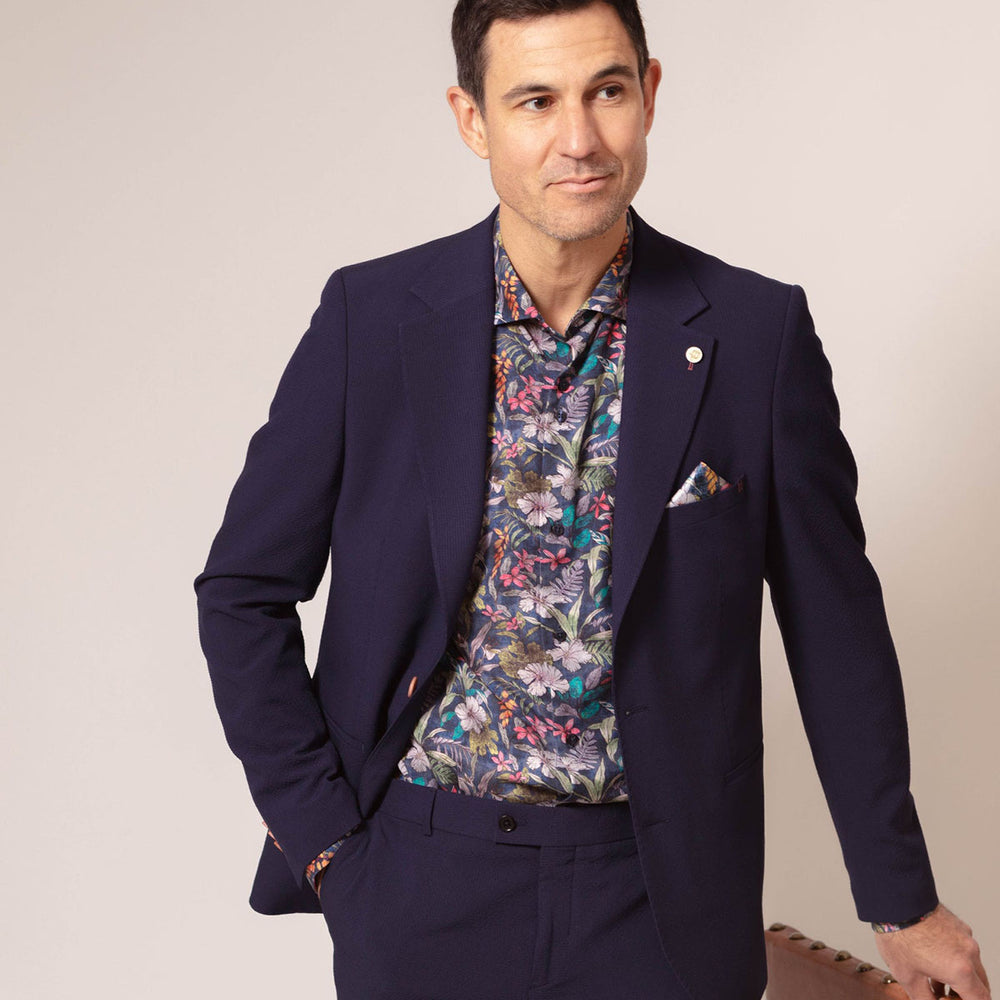 Guide London LS76819 Navy Vibrant Floral Long Sleeve Tencel Shirt - Baks Menswear Bournemouth