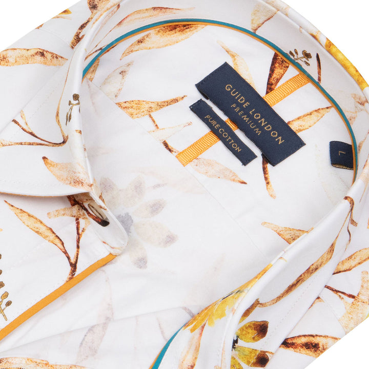 Guide London LS76823 Gold Multicolour Leaf Print Long Sleeve Cotton Shirt - Baks Menswear Bournemouth