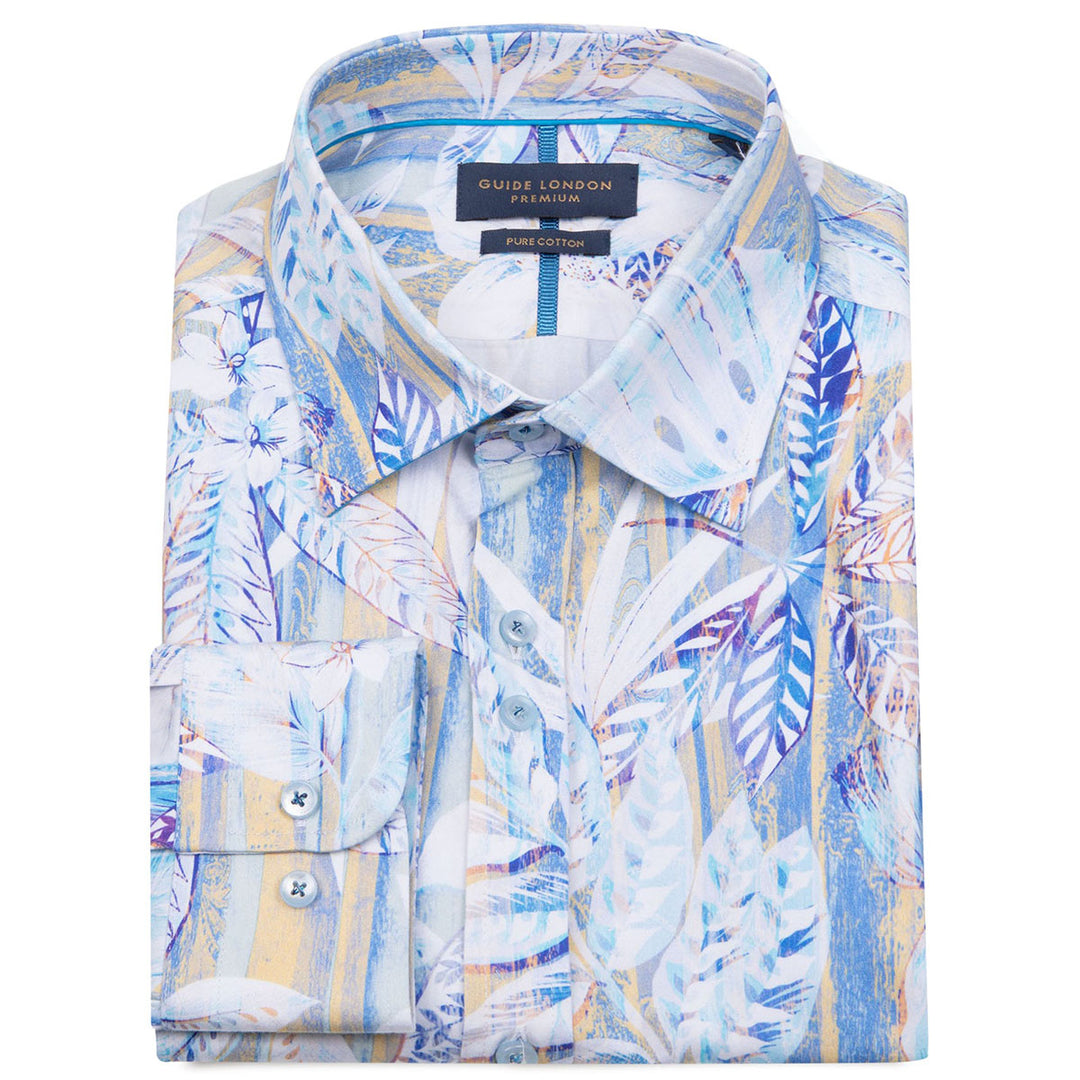 Guide London LS76852 Blue Floral Print Long Sleeve Cotton Shirt - BAKS Menswear Bournemouth
