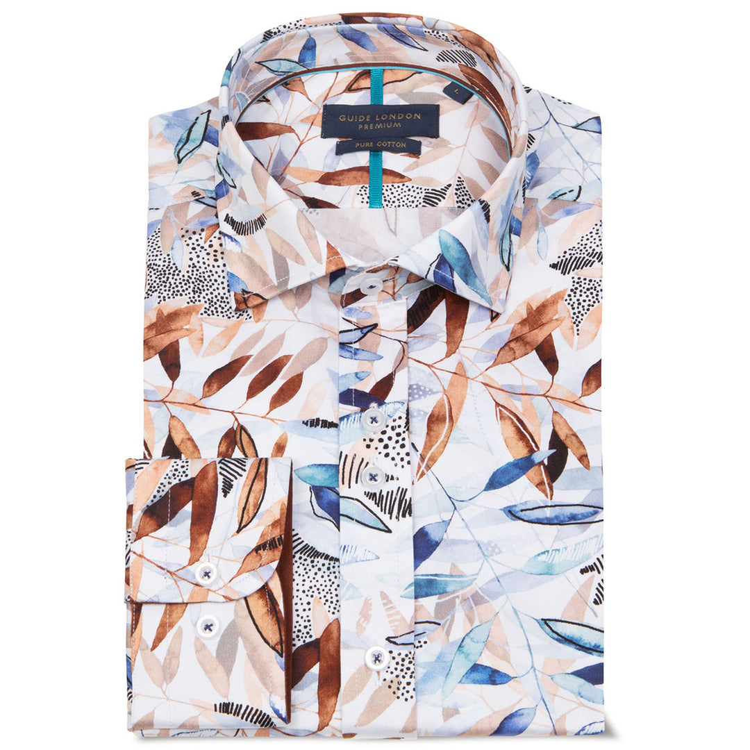 Guide London LS76869 Brown Leafy Pattern Long Sleeve Cotton Shirt - Baks Menswear Bournemouth