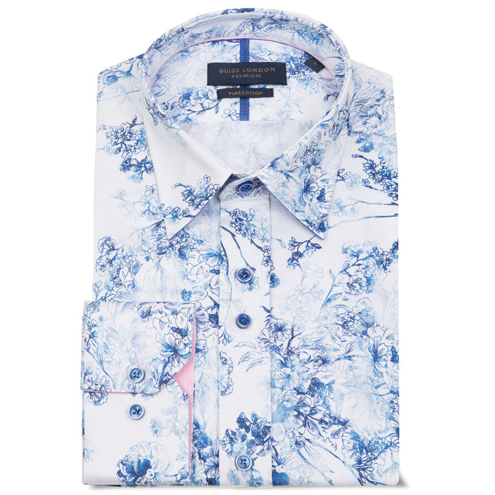 Guide London LS76885 Blue Stencil Floral Print Long Sleeve Cotton Shirt - Baks Menswear Bournemouth