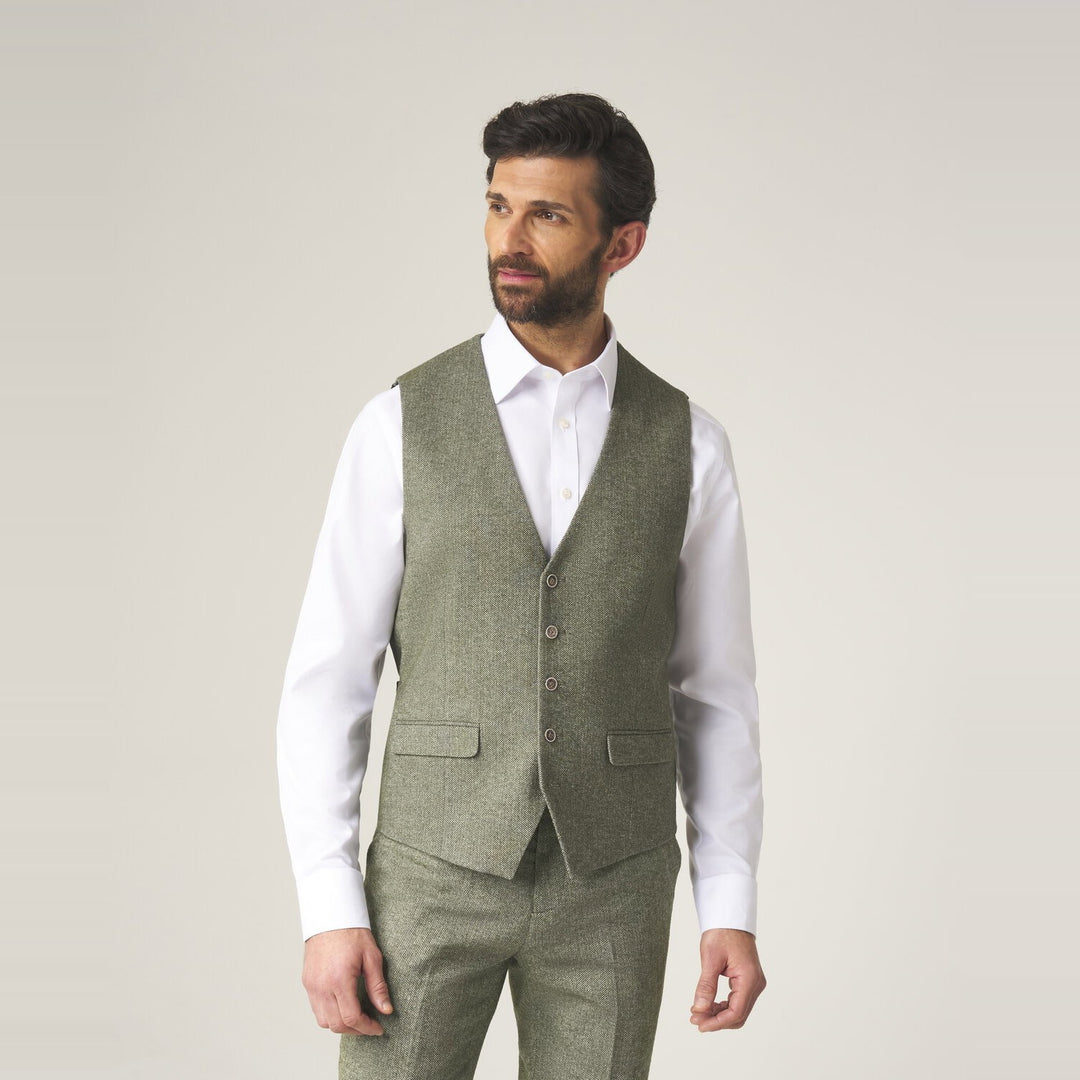 Baks Jude Sage Green Tweed Herringbone Suit Waistcoat 99MM10051, front view