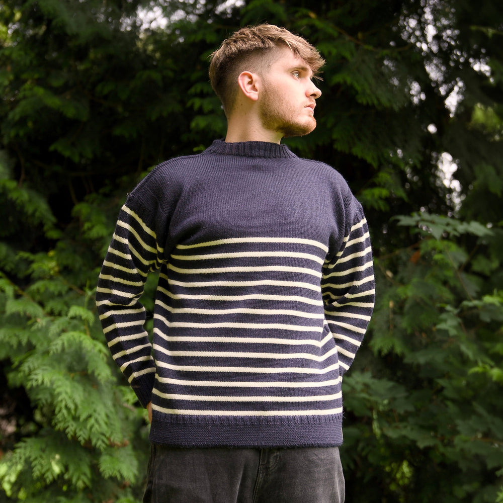 Mars 2731 Bretton Stripe Navy Jumper, three-quarter view on model