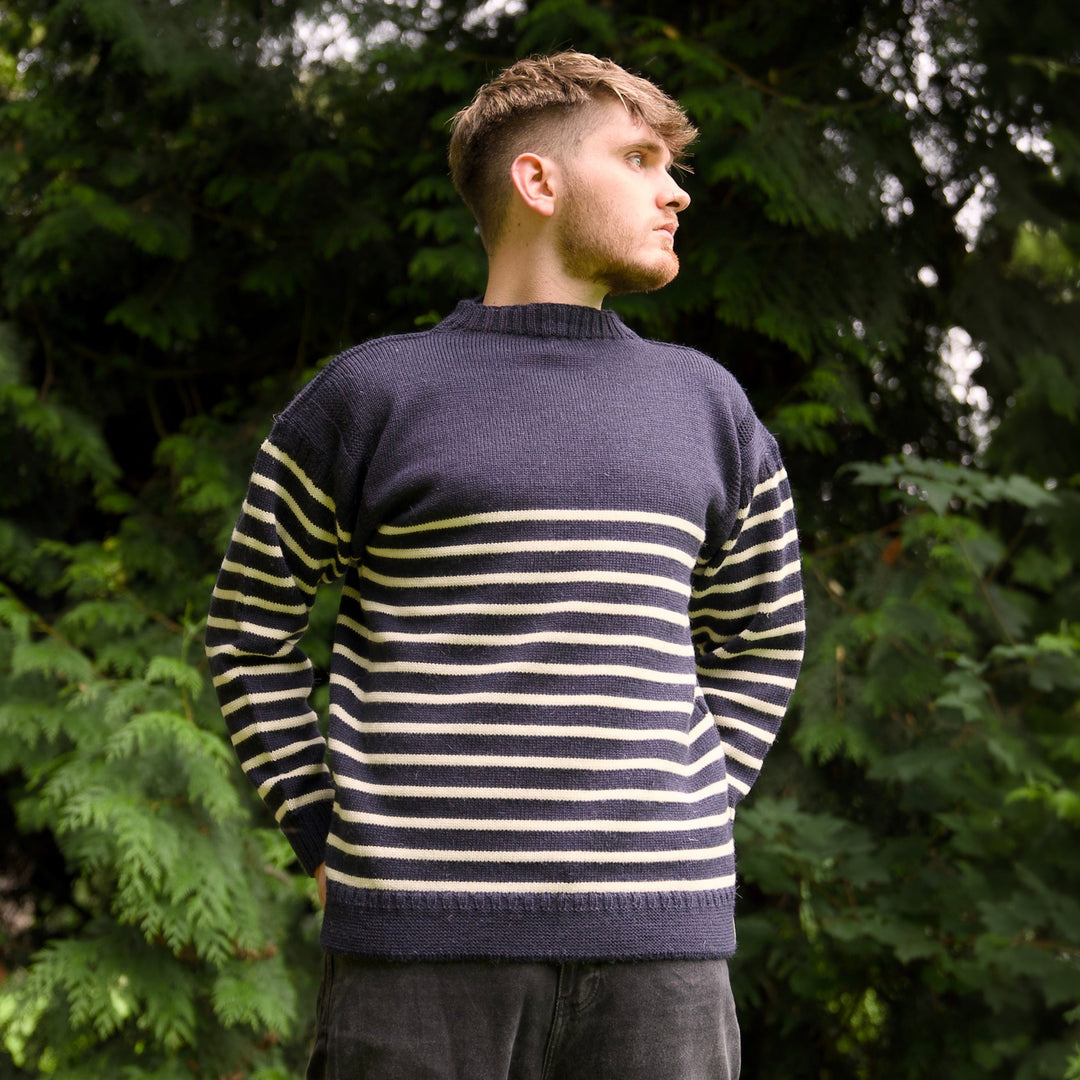 Mars 2731 Bretton Stripe Navy Jumper, three-quarter view on model