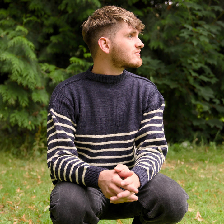 Mars 2731 Bretton Stripe Navy Jumper, styled outdoors