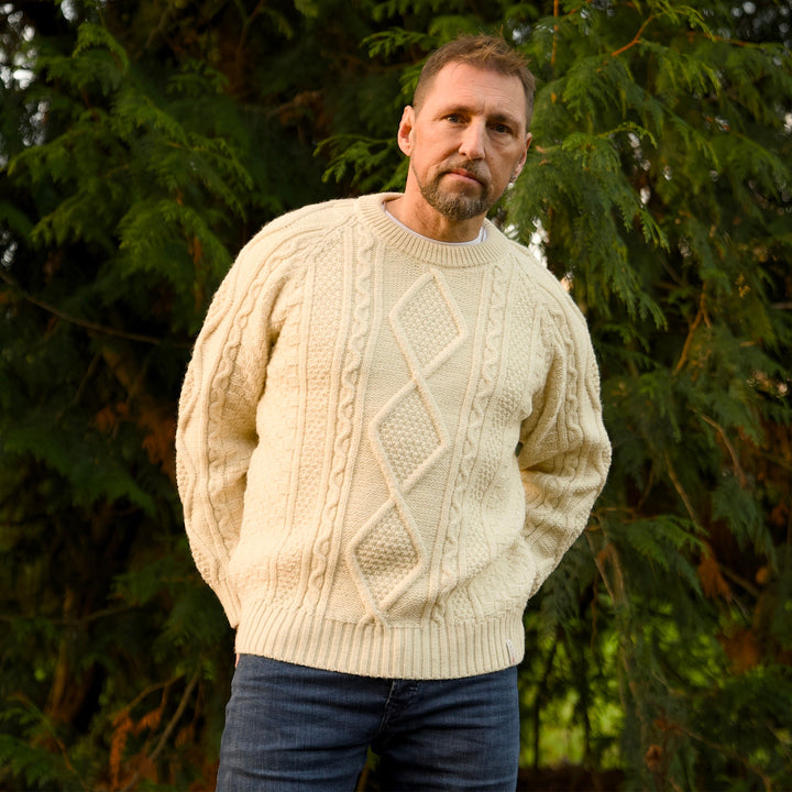 Mars 2774 Raglan Aran Ecru Cream Jumper, three-quarter view on model