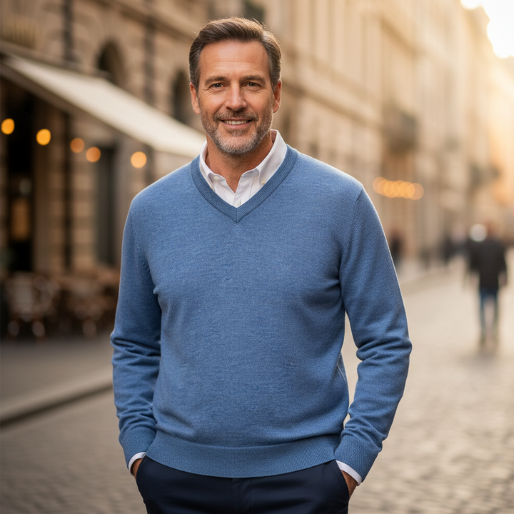 Massoti Denim Blue Merino Wool V-Neck Jumper Denim W01