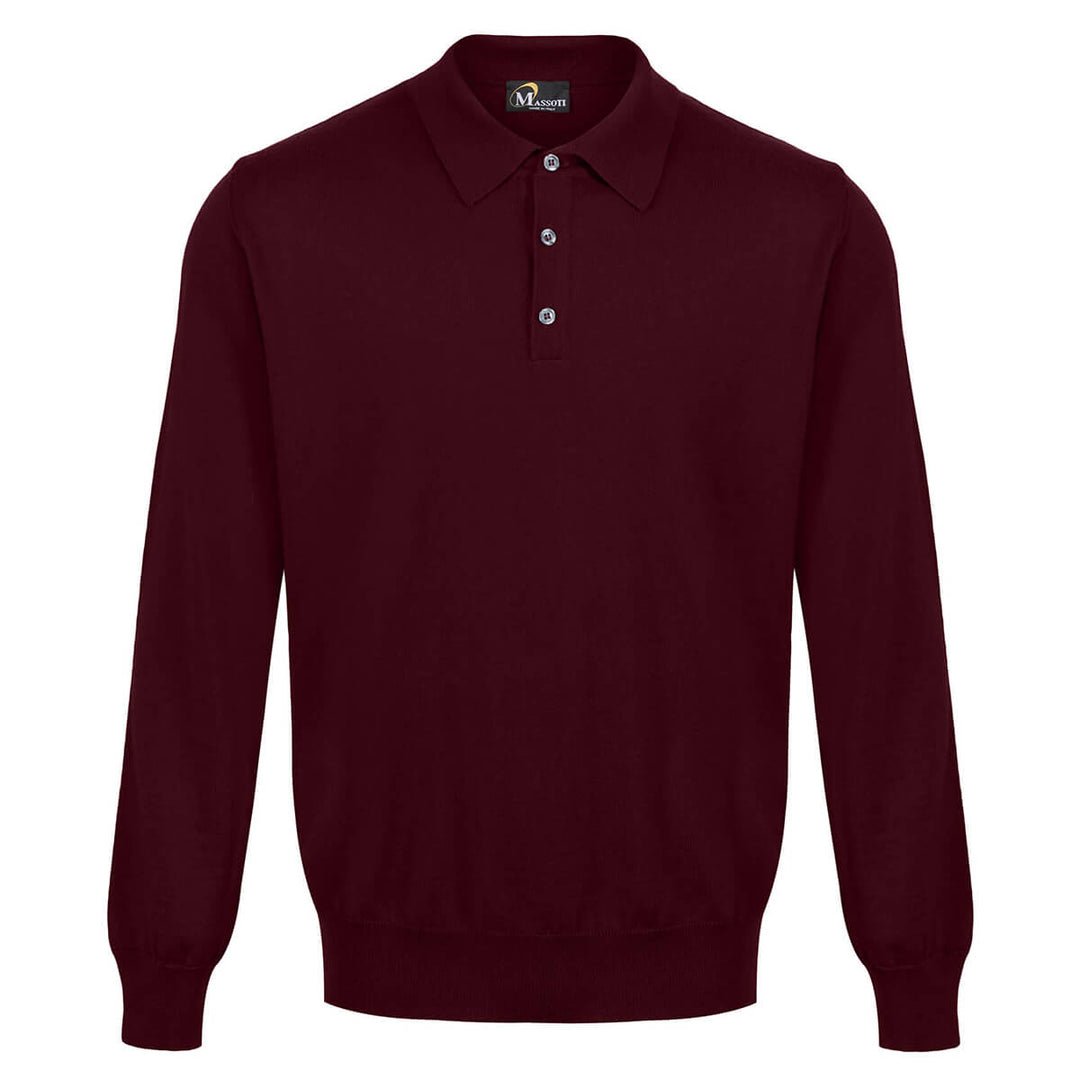 Massoti W08 Wine 100% Merino Wool 3 Button Long Sleeve Polo Jumper - Baks Menswear Bournemouth