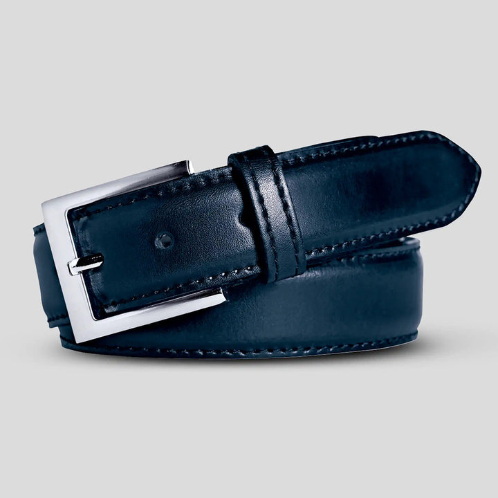 Blue leather belt with a silver buckle on a light gray background