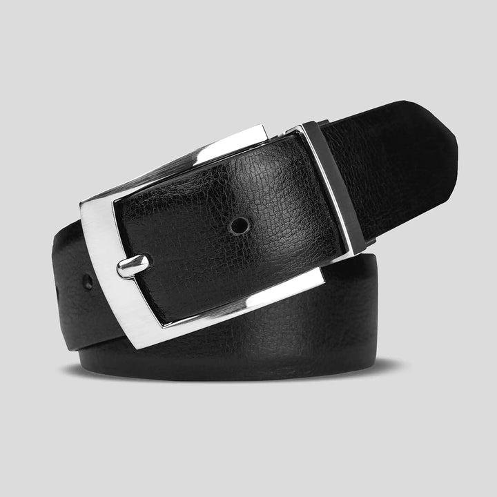 Black leather belt with silver buckle on a light gray background