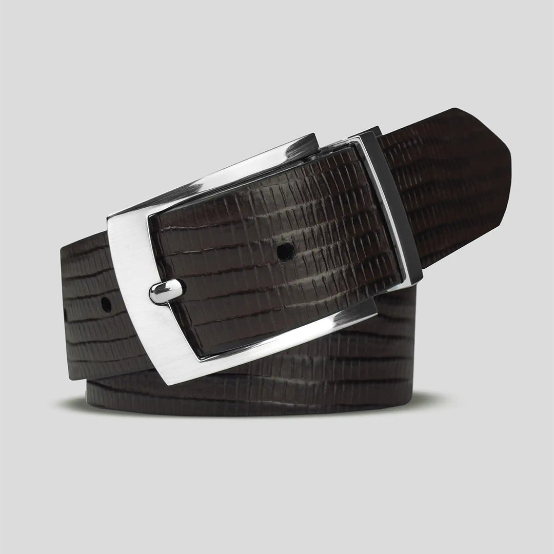 Brown textured belt with a silver buckle on a light gray background