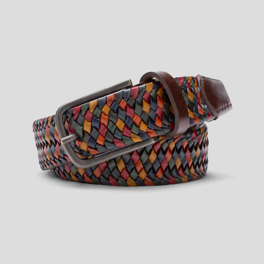 Woven belt with multicolor pattern on a light gray background