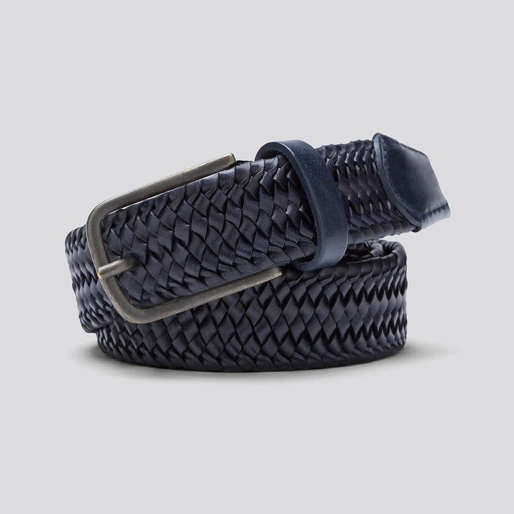 Navy woven belt with a silver buckle on a light gray background