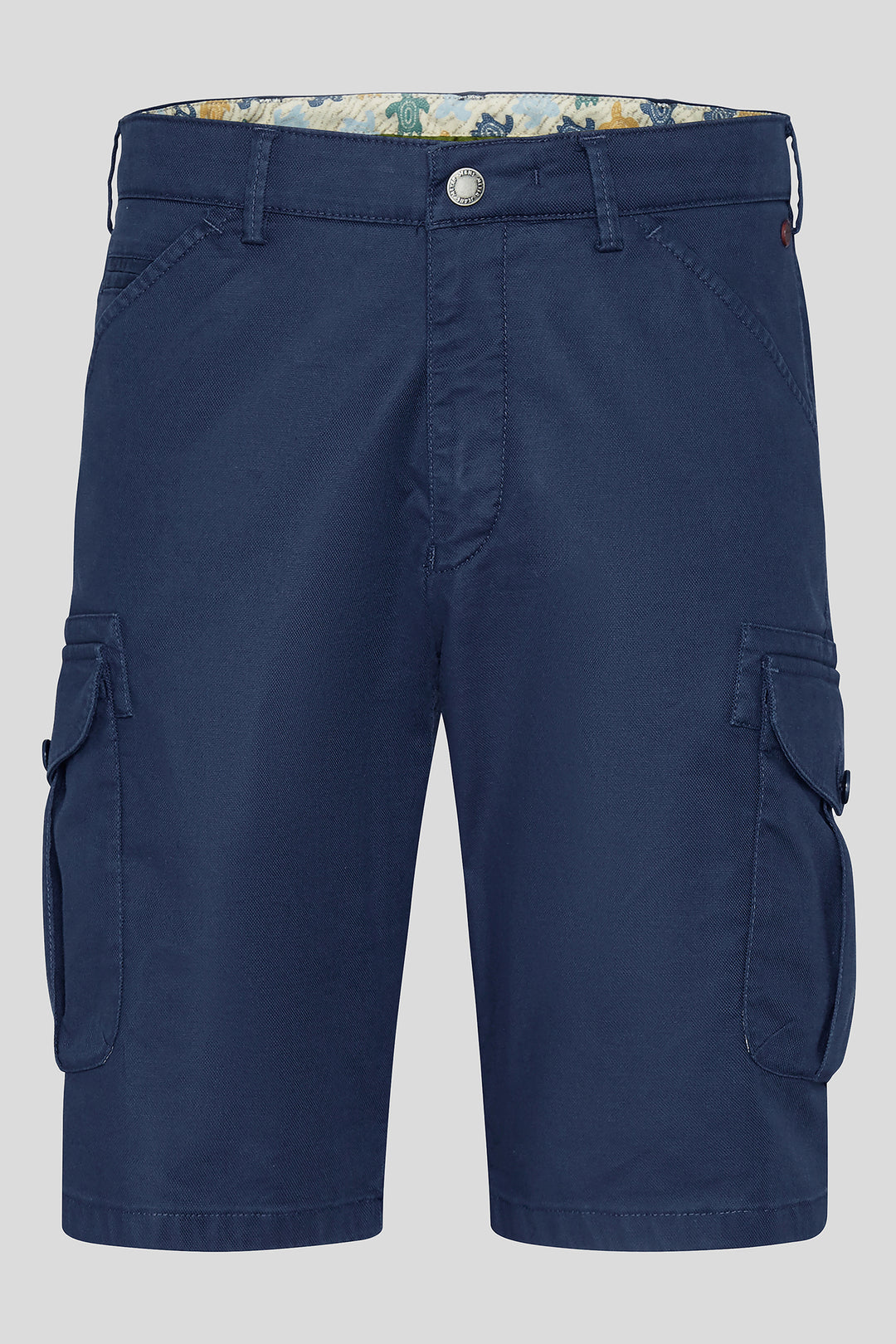 Navy blue cargo shorts on a light gray background