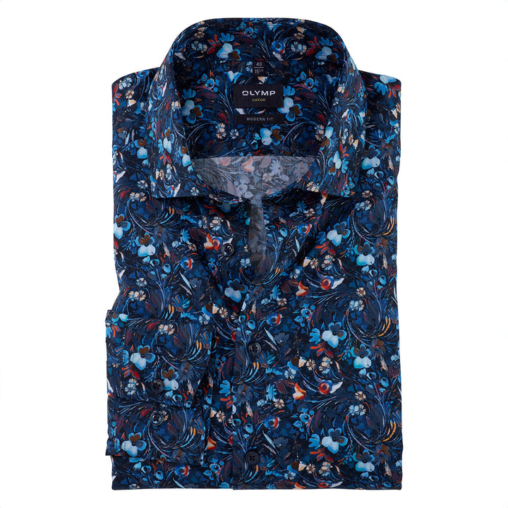 Olymp 12005418 Navy Floral Print Long Sleeve Cotton Shirt - Baks Menswear Bournemouth