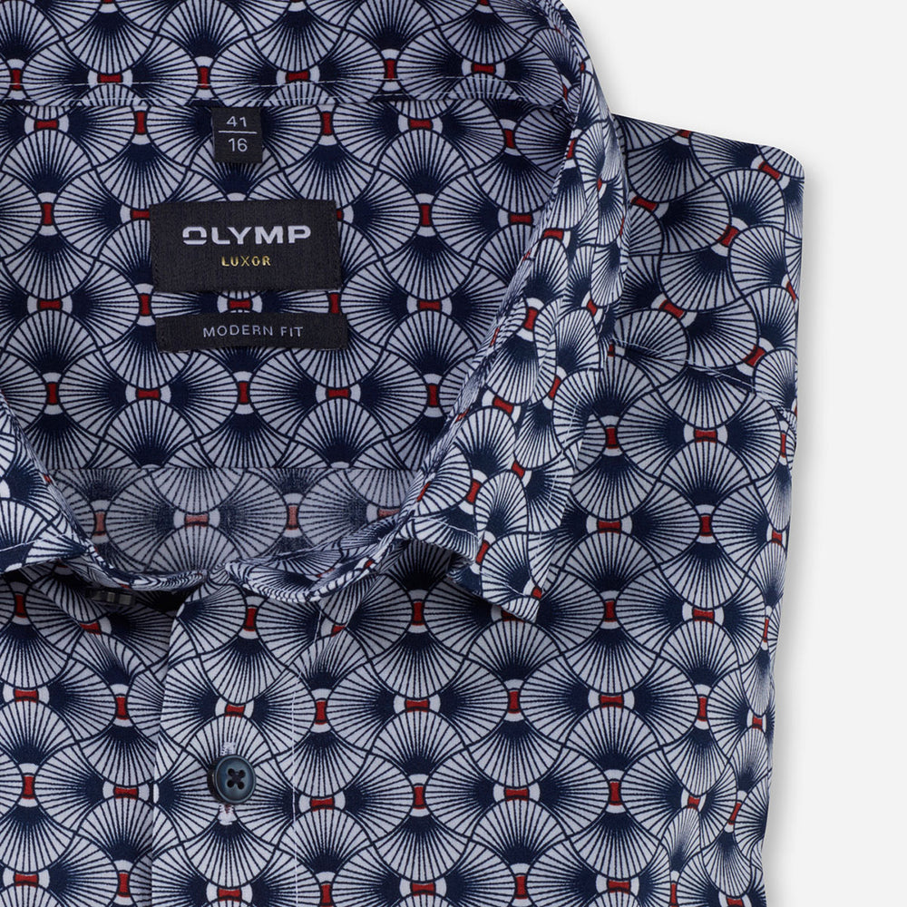 Olymp 12365433 Navy Brick Red Geometric Print Long Sleeve Cotton Shirt - Baks Menswear Bournemouth