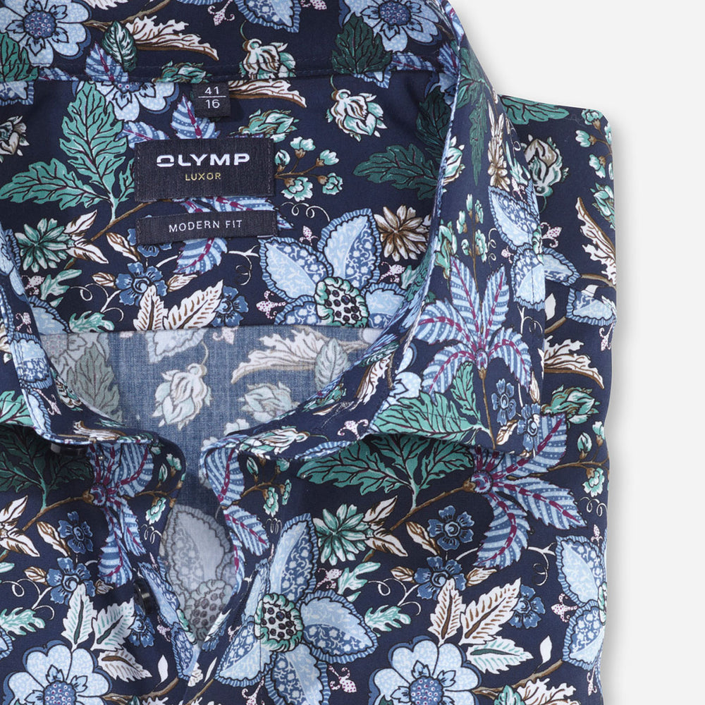 Olymp 12734445 Green Navy Blue Floral Print Long Sleeve Cotton Shirt - Baks Menswear Bournemouth