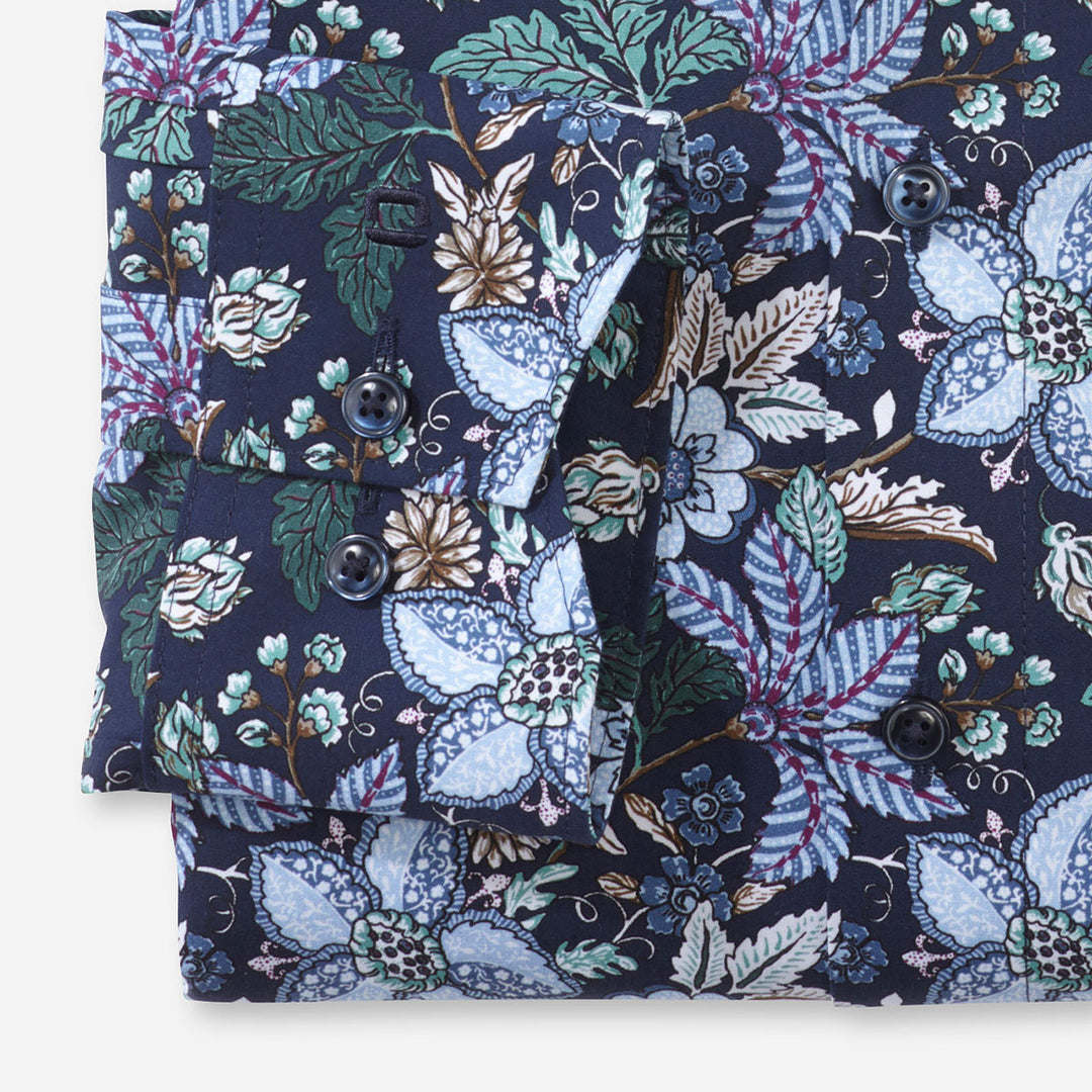 Olymp 12734445 Green Navy Blue Floral Print Long Sleeve Cotton Shirt - Baks Menswear Bournemouth