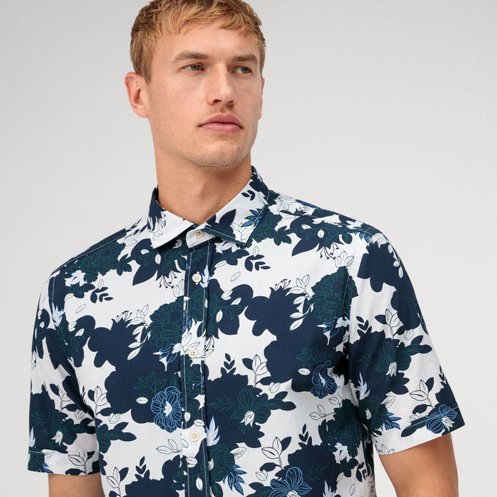 Olymp 40625218 Navy Print Short Sleeve Cotton Shirt - Baks Menswear Bournemouth